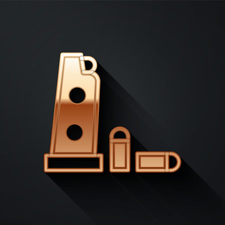 Gold Gun magazine and bullets icon isolated on black background. Long shadow style. Vectorのイラスト素材