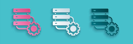 Paper cut Server and gear icon isolated on blue background. Adjusting app, service concept, setting...