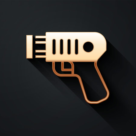 Gold Police electric shocker icon isolated on black background. Shocker for protection. Taser is an electric weapon. Long shadow style. Vectorのイラスト素材
