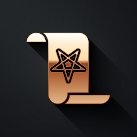 Gold Ancient magic book with alchemy recipes and mystic spells and enchantments icon isolated on black background. Long shadow style. Vectorのイラスト素材