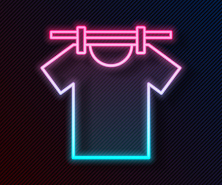Glowing neon line Drying clothes icon isolated on black background. Clean shirt. Wash clothes on a rope with clothespins. Clothing care and tidiness. Vectorのイラスト素材