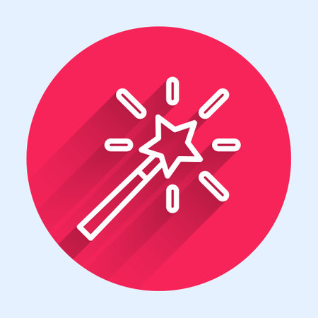 White line Magic wand icon isolated with long shadow. Star shape magic accessory. Magical power. Red circle button. Vectorのイラスト素材