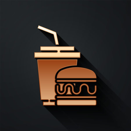 Gold Paper glass with drinking straw and burger icon isolated on black background. Soda aqua drink sign. Hamburger, cheeseburger sandwich. Long shadow style. Vectorのイラスト素材