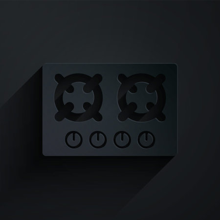 Paper cut Gas stove icon isolated on black background. Cooktop sign. Hob with four circle burners. Paper art style. Vectorのイラスト素材