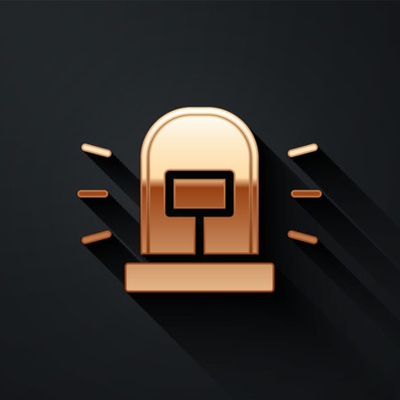 Gold Flasher siren icon isolated on black background. Emergency flashing siren. Long shadow style. Vectorのイラスト素材
