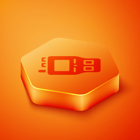 Isometric Walkie talkie icon isolated on orange background. Portable radio transmitter icon. Radio transceiver sign. Orange hexagon button. Vectorのイラスト素材