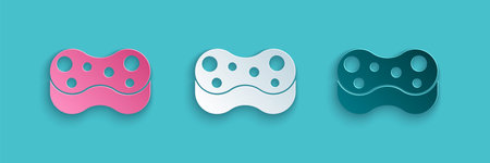 Paper cut Sponge icon isolated on blue background. Wisp of bast for washing dishes. Cleaning service. Paper art style. Vectorのイラスト素材