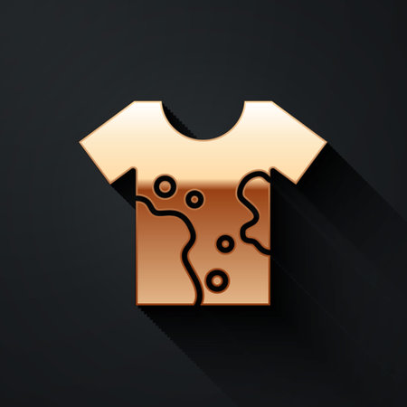 Gold Dirty t-shirt icon isolated on black background. Long shadow style. Vectorのイラスト素材
