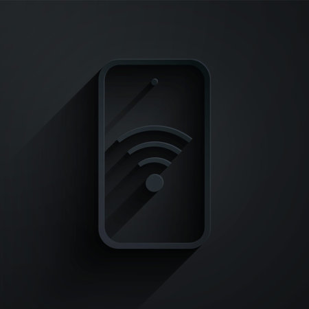 Paper cut Smartphone with free wifi wireless connection icon isolated on black background. Wireless technology, wifi connection, wireless network. Paper art style. Vectorのイラスト素材