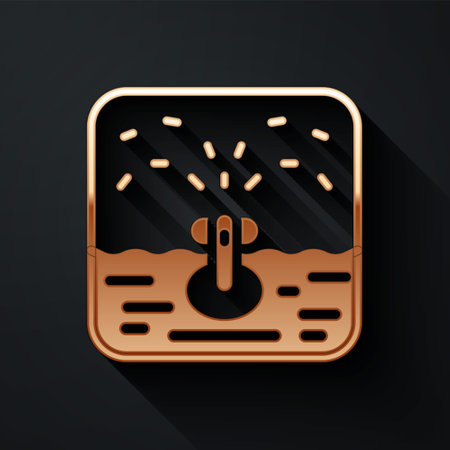 Gold Automatic irrigation sprinklers icon isolated on black background. Watering equipment. Garden element. Spray gun icon. Long shadow style. Vectorのイラスト素材