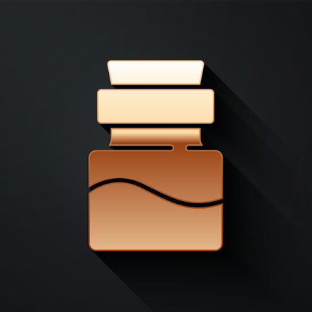 Gold Bottle with potion icon isolated on black background. Flask with magic potion. Happy Halloween party. Long shadow style. Vectorのイラスト素材