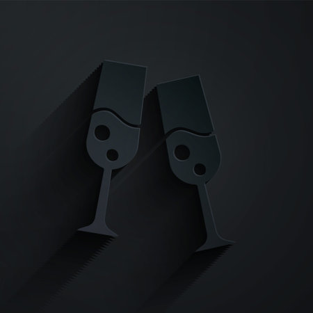 Paper cut Glass of champagne icon isolated on black background. Merry Christmas and Happy New Year. Paper art style. Vectorのイラスト素材