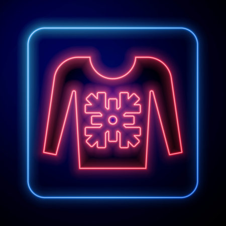 Glowing neon Christmas sweater with norwegian ornaments and holidays decorations icon isolated on blue background. Knitted winter jumper. Vectorのイラスト素材