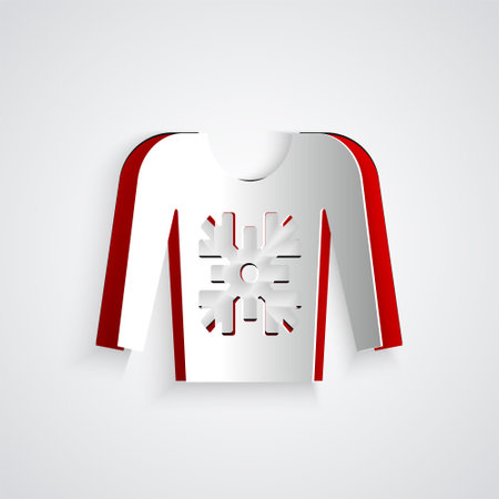 Paper cut Christmas sweater with norwegian ornaments and holidays decorations icon isolated on grey background. Knitted winter jumper. Paper art style. Vectorのイラスト素材
