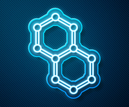 Glowing neon line Chemical formula icon isolated on blue background. Abstract hexagon for innovation medicine, health, research and science. Vectorのイラスト素材