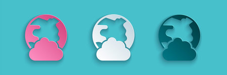 Paper cut Global technology or social network icon isolated on blue background. Paper art style....