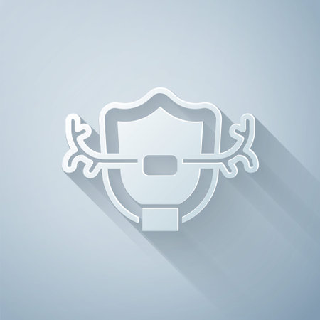 Paper cut Deer antlers on shield icon isolated on grey background. Hunting trophy on wall. Paper art style. Vectorのイラスト素材