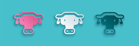 Paper cut African buffalo head icon isolated on blue background. Mascot, african savanna animal. Wild ox, carabao or bison bull with fused horns. Paper art style. Vectorのイラスト素材