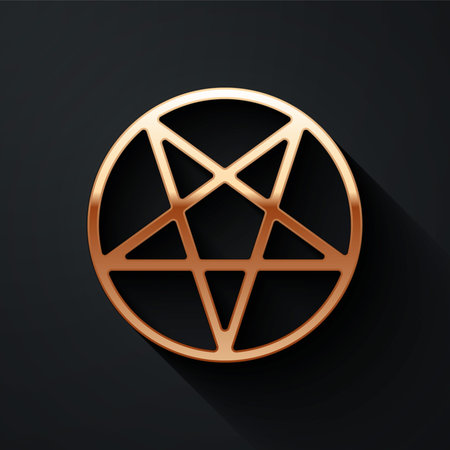 Gold Pentagram in a circle icon isolated on black background. Magic occult star symbol. Long shadow...