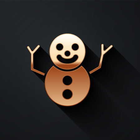 Gold Christmas snowman icon isolated on black background. Merry Christmas and Happy New Year. Long shadow style. Vectorのイラスト素材