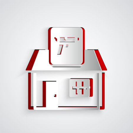 Paper cut Hunting shop with rifle and gun weapon icon isolated on grey background. Supermarket or store with weapon equipment. Paper art style. Vectorのイラスト素材