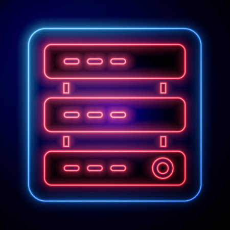 Glowing neon Server, Data, Web Hosting icon isolated on blue background. Vectorのイラスト素材