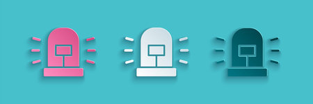 Paper cut Flasher siren icon isolated on blue background. Emergency flashing siren. Paper art style....