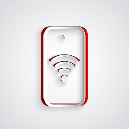 Paper cut Smartphone with free wireless connection icon isolated on grey background. Wireless technology,  connection, wireless network. Paper art style. Vectorのイラスト素材