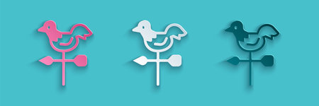 Paper cut Rooster weather vane icon isolated on blue background. Weathercock sign. Windvane rooster. Paper art style. Vectorのイラスト素材