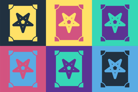 Pop art Ancient magic book with alchemy recipes and mystic spells and enchantments icon isolated on color background. Vectorのイラスト素材