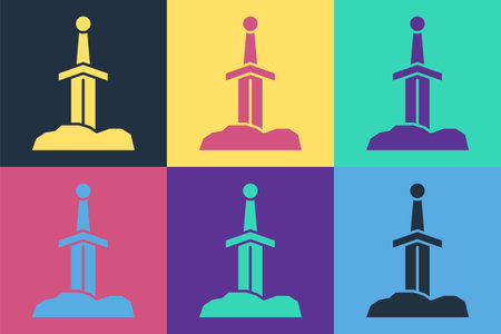 Pop art Sword in the stone icon isolated on color background. Excalibur the sword in the stone from the Arthurian legends. Vectorのイラスト素材