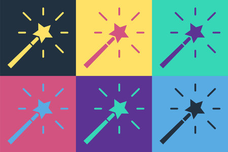 Pop art Magic wand icon isolated on color background. Star shape magic accessory. Magical power. Vectorのイラスト素材