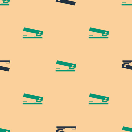 Green and black Office stapler icon isolated seamless pattern on beige background. Stapler, staple, paper, cardboard, office equipment. Vector Illustrationのイラスト素材