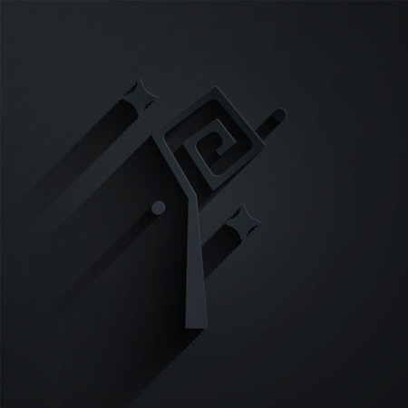 Paper cut Magic staff icon isolated on black background. Magic wand, scepter, stick, rod. Paper art style. Vectorのイラスト素材