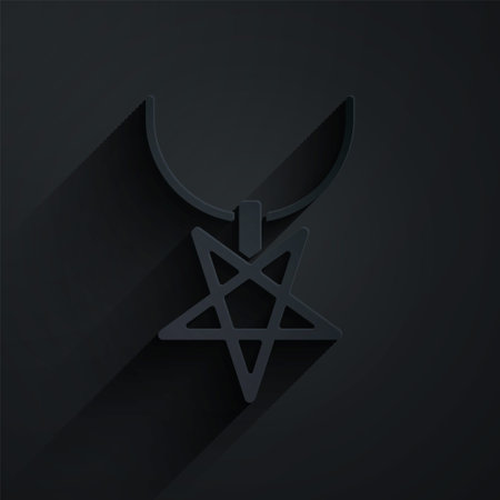 Paper cut Pentagram on necklace icon isolated on black background. Magic occult star symbol. Paper art style. Vectorのイラスト素材