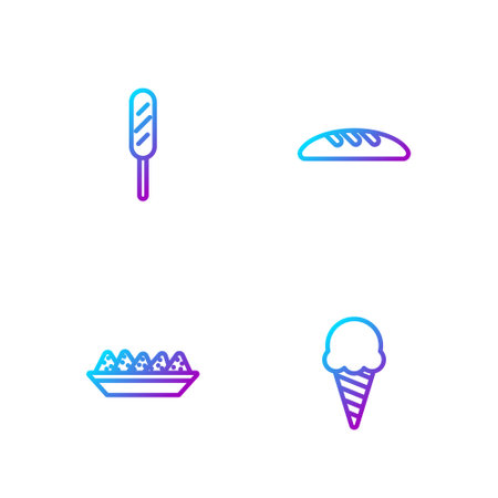 Set line Ice cream in waffle cone, Nachos plate, Corn dog and Bread loaf. Gradient color icons. Vectorのイラスト素材