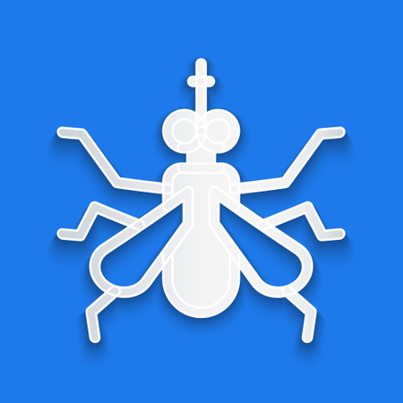 Paper cut Mosquito icon isolated on blue background. Paper art style. Vectorのイラスト素材