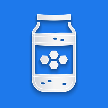 Paper cut Jar of honey icon isolated on blue background. Food bank. Sweet natural food symbol. Paper art style. Vectorのイラスト素材