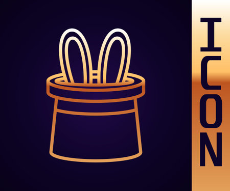 Gold line Magician hat and rabbit ears icon isolated on black background. Magic trick. Mystery entertainment concept. Vectorのイラスト素材
