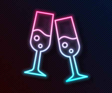 Glowing neon line Glass of champagne icon isolated on black background. Merry Christmas and Happy New Year. Vectorのイラスト素材