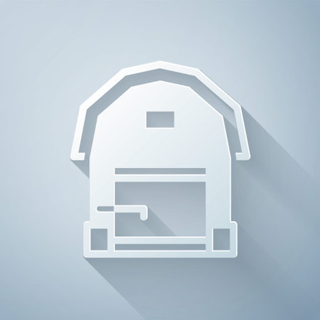 Paper cut Farm house icon isolated on grey background. Paper art style. Vectorのイラスト素材
