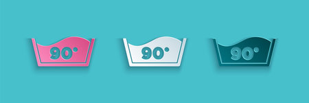 Paper cut Washing under 90 degrees celsius icon isolated on blue background. Temperature wash. Paper art style. Vectorのイラスト素材