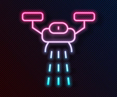 Glowing neon line Smart farm with drone control for seed planting icon isolated on black background. Innovation technology for agricultural company. Vectorのイラスト素材