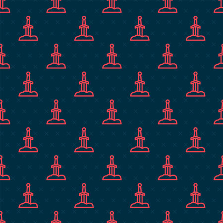 Red line Sword in the stone icon isolated seamless pattern on black background. Excalibur the sword in the stone from the Arthurian legends. Vectorのイラスト素材