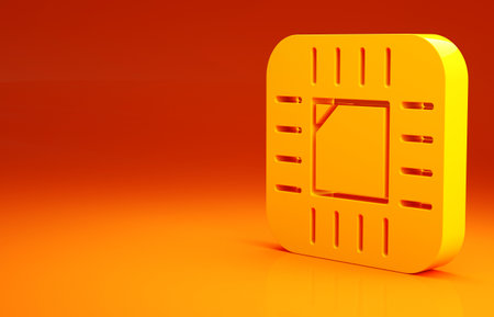 Yellow Computer processor with microcircuits CPU icon isolated on orange background. Chip or cpu with circuit board. Micro processor. Minimalism concept. 3d illustration 3D renderの写真素材
