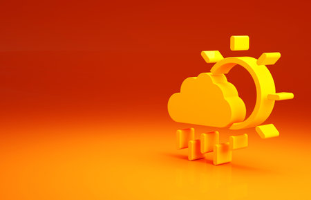 Yellow Cloud with rain and sun icon isolated on orange background. Rain cloud precipitation with rain drops. Minimalism concept. 3d illustration 3D renderの写真素材