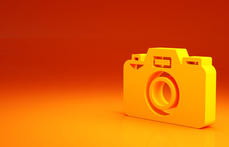 Yellow Photo camera icon isolated on orange background. Foto camera icon. Minimalism concept. 3d illustration 3D renderの写真素材