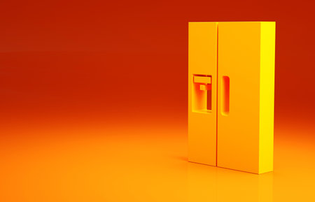 Yellow Refrigerator icon isolated on orange background. Fridge freezer refrigerator. Household tech and appliances. Minimalism concept. 3d illustration 3D renderの写真素材