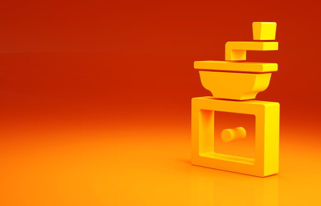 Yellow Manual coffee grinder icon isolated on orange background. Minimalism concept. 3d illustration 3D renderの写真素材