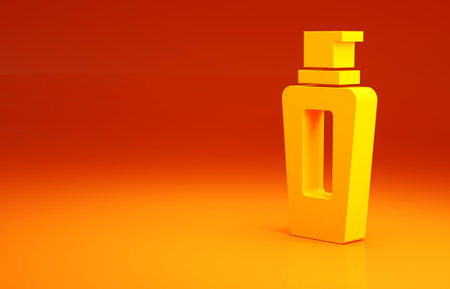 Yellow Bottle of shampoo icon isolated on orange background. Minimalism concept. 3d illustration 3D renderの写真素材
